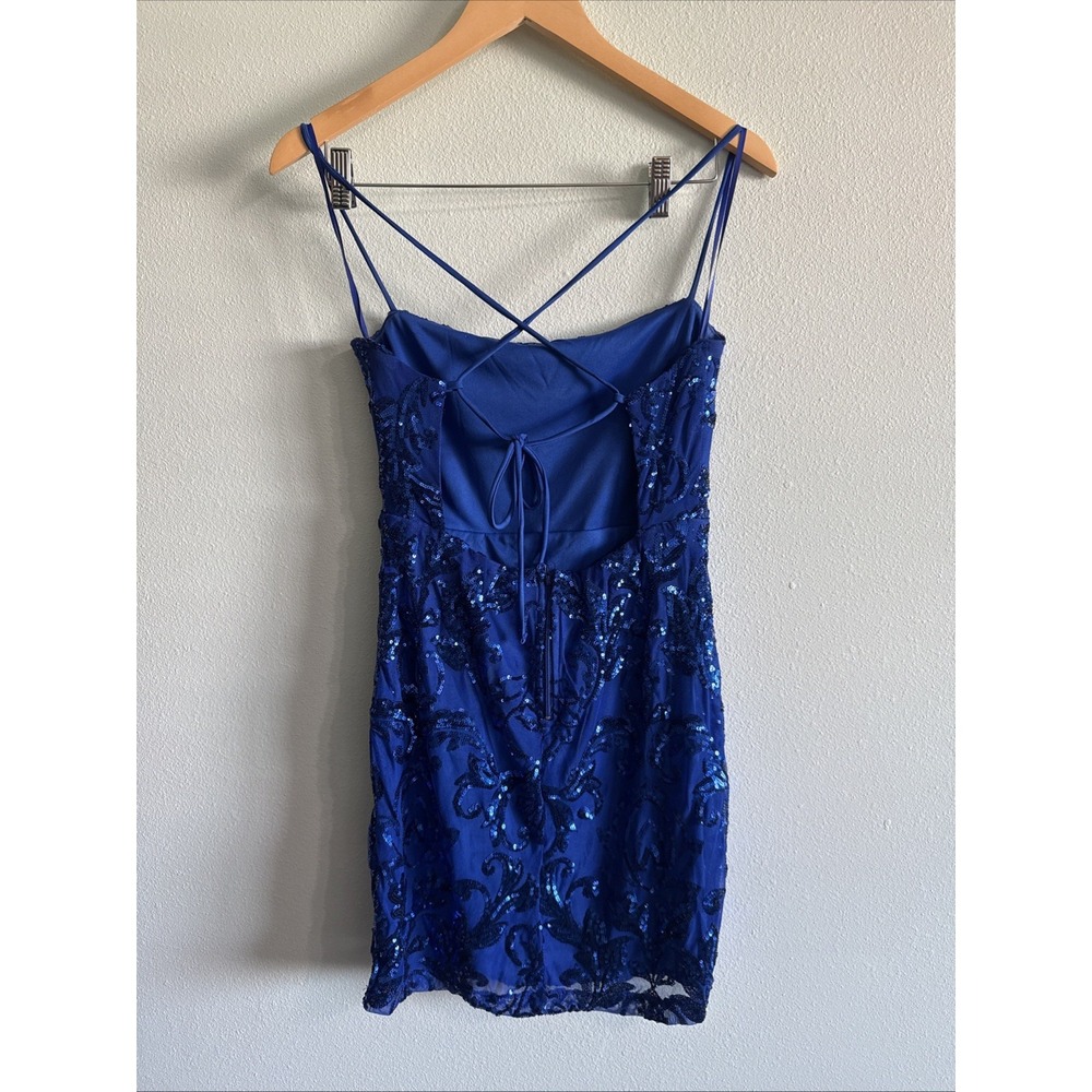 Windsor Blue Sequin Bodycon Dress Beaded Tied Back Formal HOCO Cocktail Mini M - Picture 3 of 11